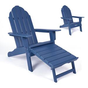 Mache Blue Wood Outdoor Lounge Chair with Built-In Retractable Ottoman