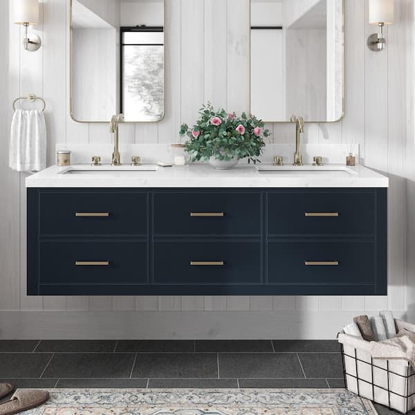 ARIEL Hutton 60.25 in. W x 22 in. D x 19.6 in. H Double Sink Freestanding Bath Vanity in Midnight Blue with Carrara Quartz Top