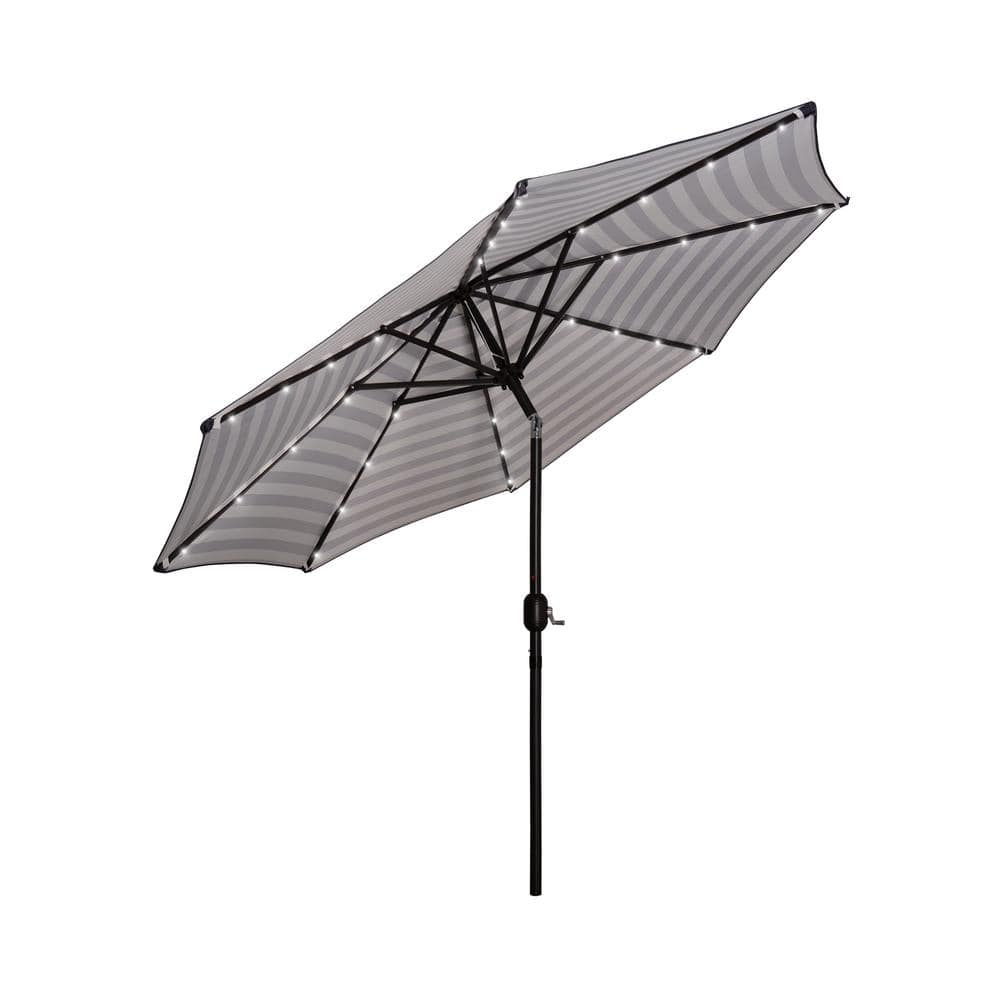 Gray and White Striped 9-Foot Solar LED Patio Umbrella with Tilt and Crank