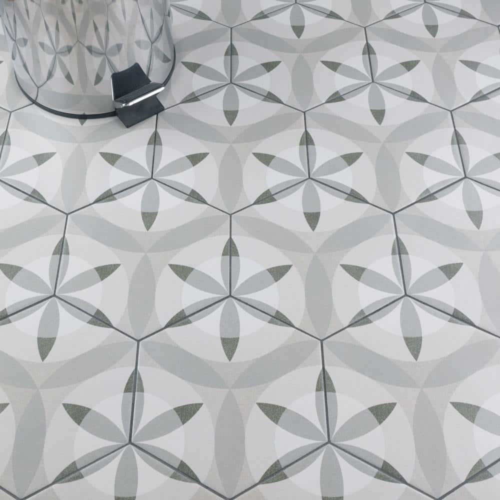 Hexatile 7"x 8" Gray Porcelain Patterned Wall & Floor Tile