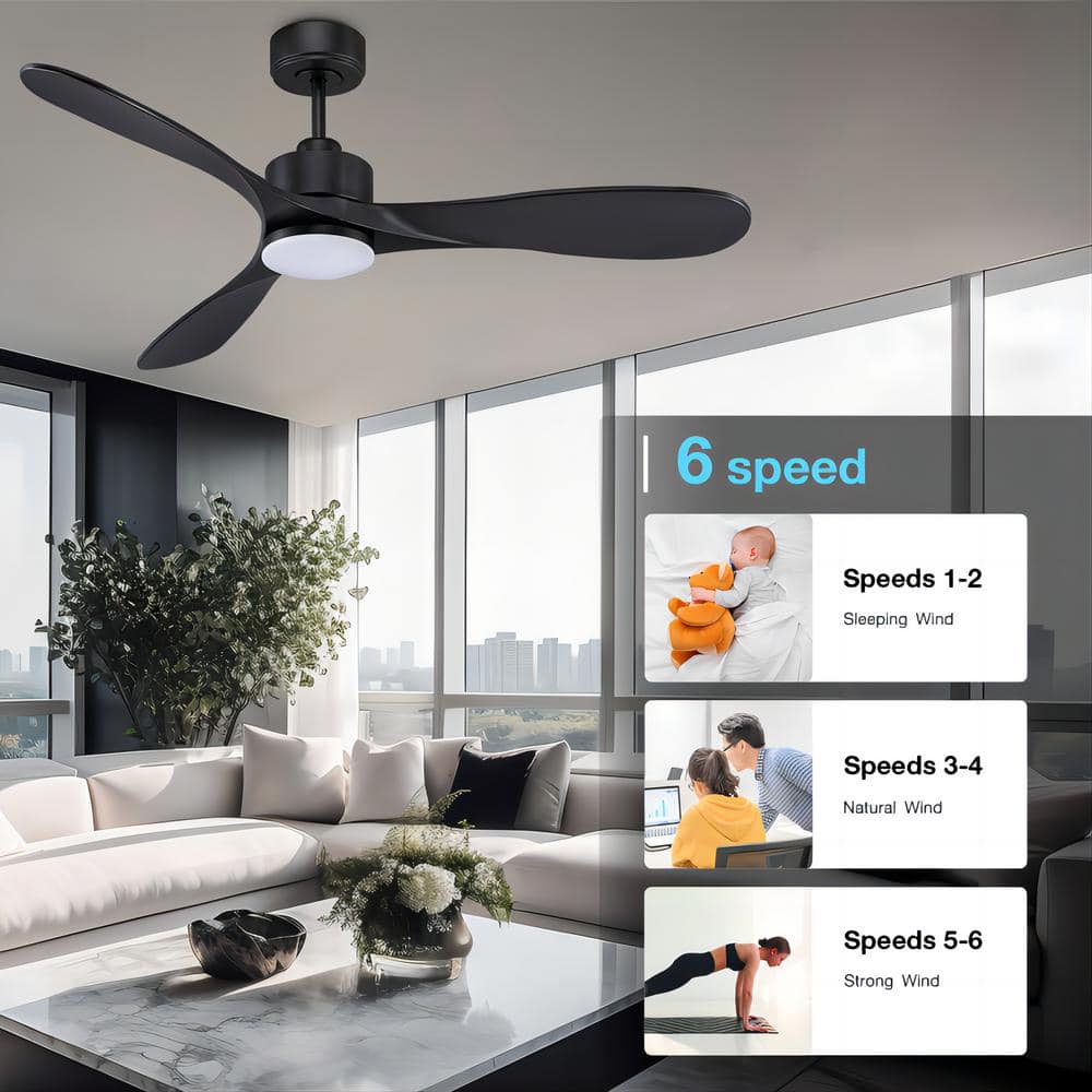 52" Black Modern Ceiling Fan with LED Light and Remote Control