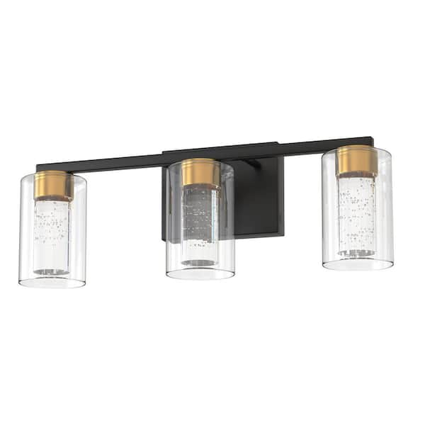 18 in. 3 Light Black and Gold LED Vanity Light Bar with Glass Shades and 3CCT Dimmable Function
