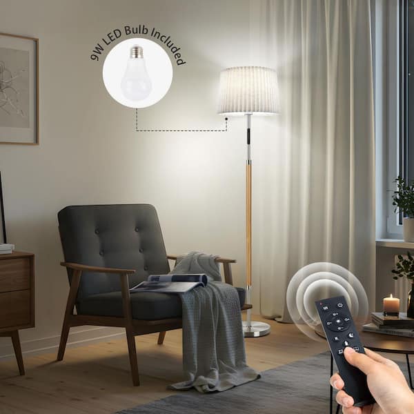 61 in. Original Wood Color 1-Light LED Energy Efficient Standard Floor Lamp with Double Lampshade