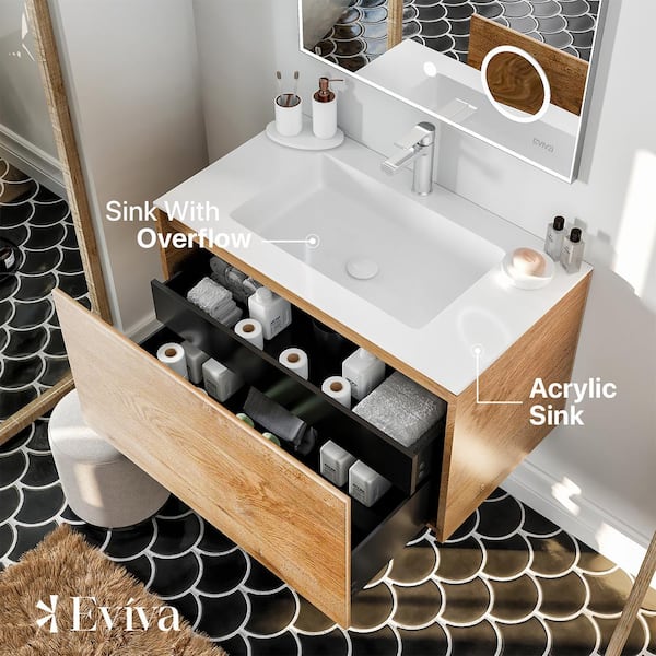 Eviva Madeira 24 in. W x 18 in. D x 18 in. H Floating Bathroom Vanity in Oak with White Acrylic Top with White Integrated Sink