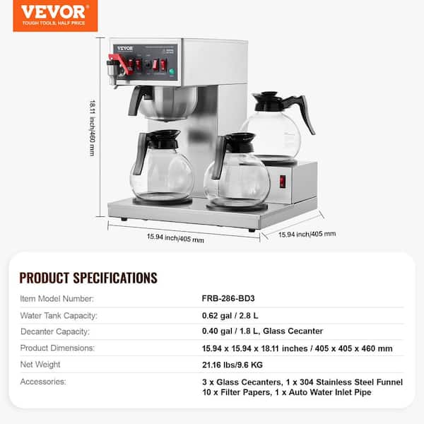 VEVOR 12 Cups Commercial Drip Coffee Maker Coffee Maker Machine with 3 Glass Carafes and 3 Warmer Plates Stainless Steel Pour Over Coffee Brewer for
