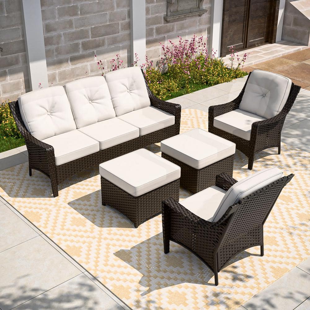Brown Wicker 5-Piece Outdoor Patio Set with White Cushions