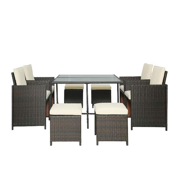 FORCLOVER 9-Piece Wicker Outdoor Dining Set with Beige Cushions