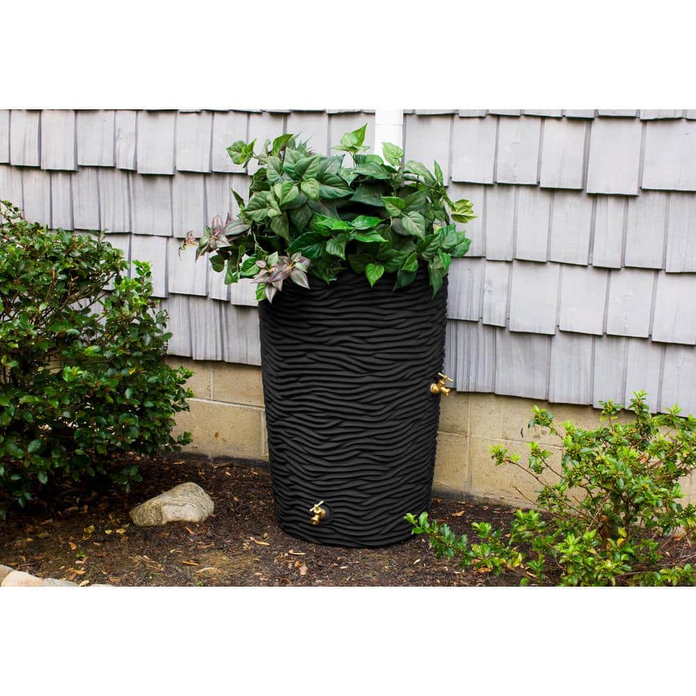 Black 50 Gallon Palm Textured Rain Barrel with Planter Top