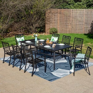 Black 9-Piece Metal Rectangle Patio Outdoor Dining Set with Slat Table and Fashion Stackable Chairs