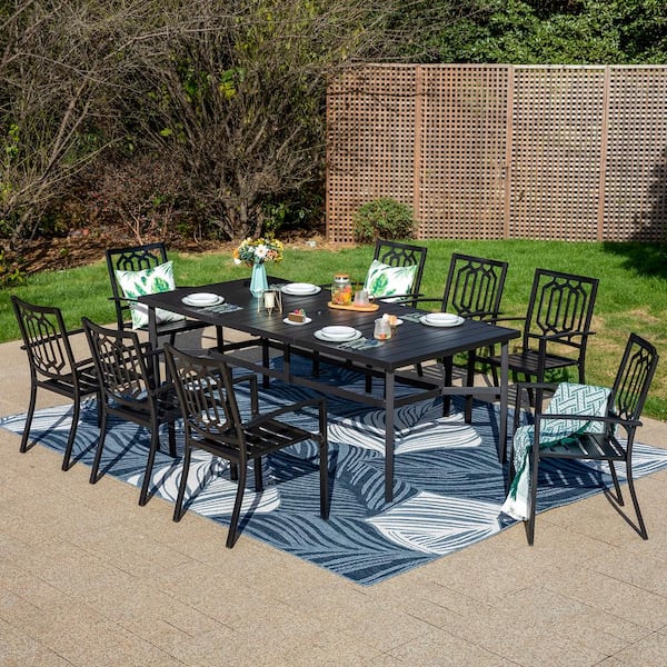 PHI VILLA Black 9-Piece Metal Rectangle Patio Outdoor Dining Set with Slat Table and Fashion Stackable Chairs