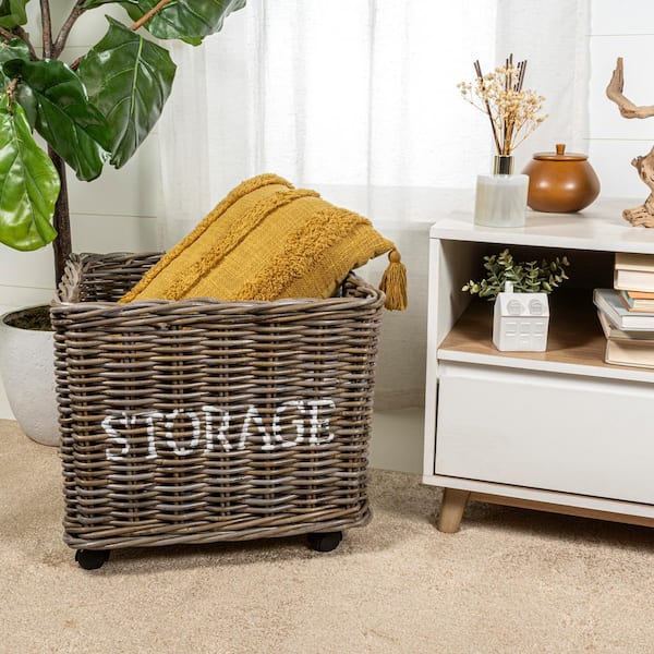 Yael Coastal Hand-Woven in. STORAGE in. Rattan Basket with Wheels and Handles, Kubu Gray