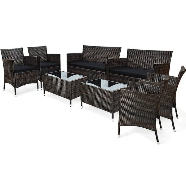 Gymax 8-Pieces Patio Rattan Conversation Furniture Set Outdoor with Black Cushion