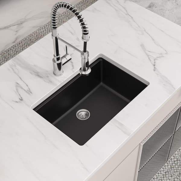 28 in. Undermount Workstation Sink Single Bowl Black Quartz/Granite Composite Kitchen Sink with Bottom Grid