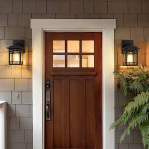 1-Light Hardwired Black Outdoor Wall Lantern Sconce with Seeded Glass (2-Pack)