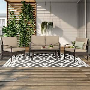 Brown 4- Piece Outdoor Patio PE Wicker Conersation Set With Tan Cushions and Loveseat