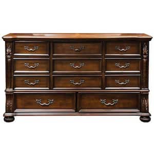 68 in. Brown 11-Drawer Wooden Dresser Without Mirror