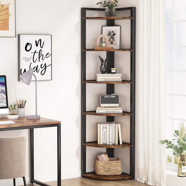BYBLIGHT Eulas 71 in. Tall Brown Engineered Wood 6-Shelf Etagere Bookcase, Corner Bookshelf Standing Storage Rack for Living Room