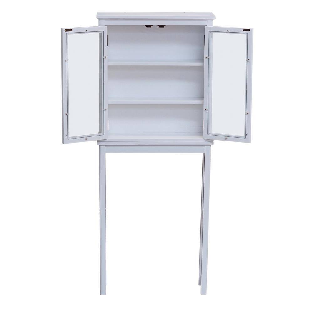 White Wood Over-the-Toilet Storage with Glass Doors