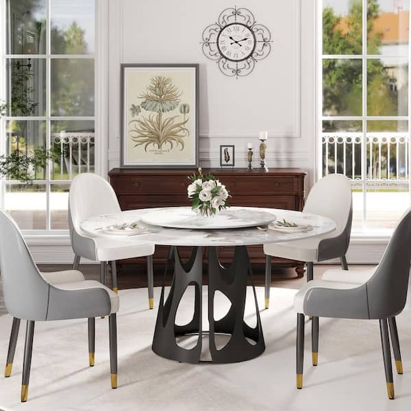 59 in. Pandora Lazy Susan Sintered Stone Tabletop with Black Pedestal Base Dining Table (Seats 8)