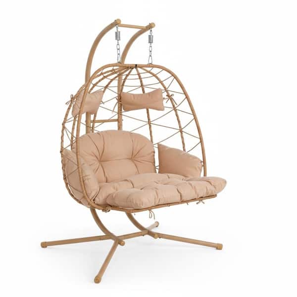 2-Person Beige and Yellow Hanging Egg Chair, Double Outdoor Wicker Swing Chair with Adjustable Footrest