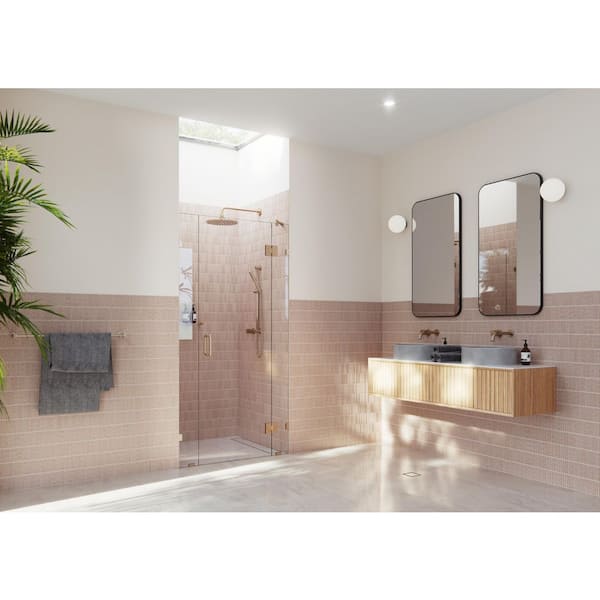 Glass Warehouse Stellar 39.25 in. W x 78 in. H Glass Hinged Pivot Frameless 3-Panel Inline Shower Door in Brushed Bronze