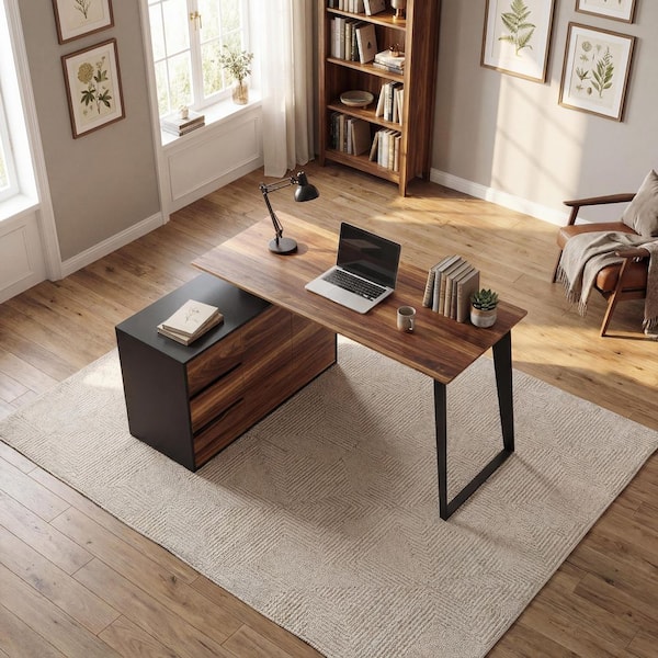 FUFU&GAGA 54.3 in. Rectangular Black Wood 3-Drawer Desk with 2