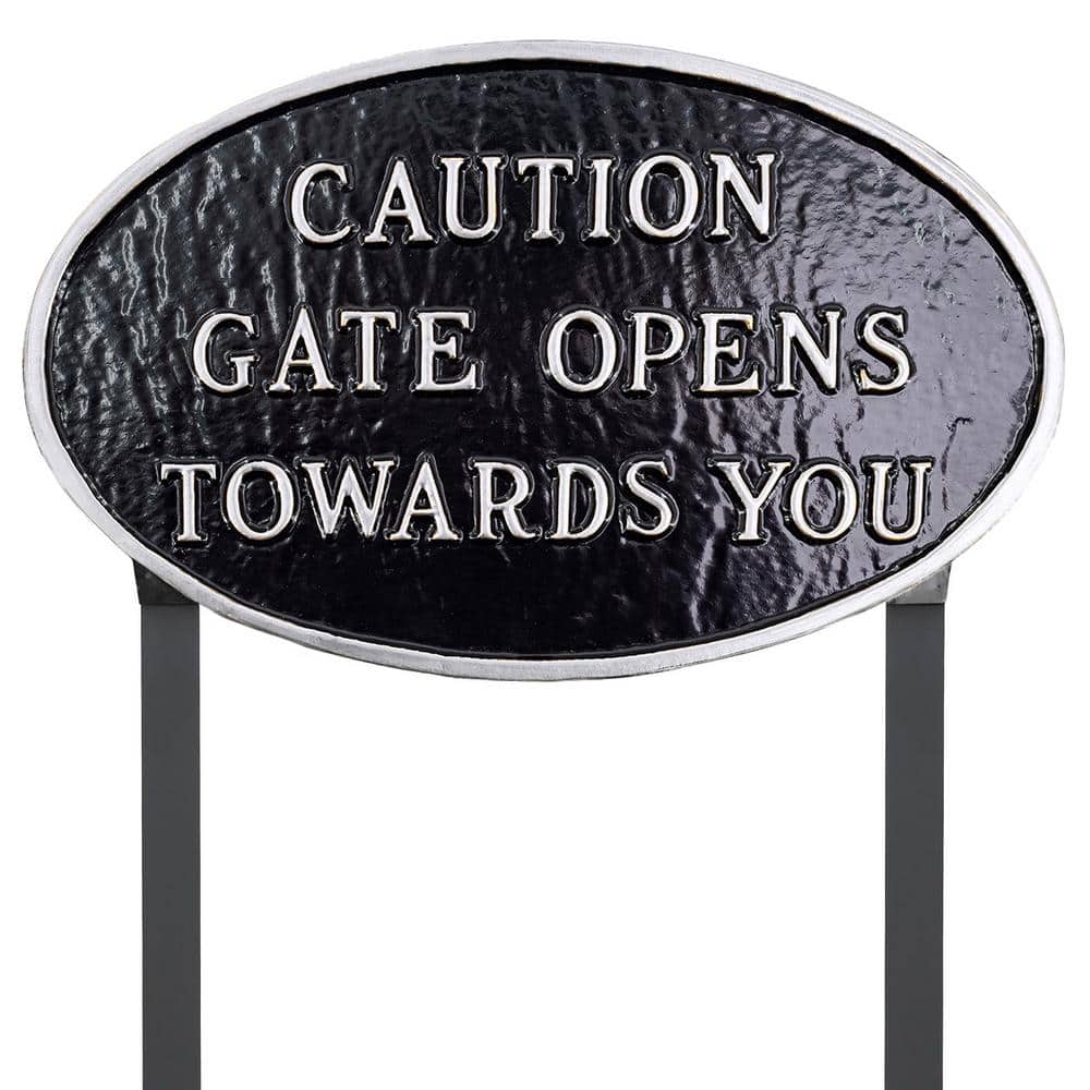 10 in. x 18 in. Large Oval Caution Gate Opens Towards You Statement Plaque Sign with Lawn Stakes - Black/Silver price history on PriceWatchPro