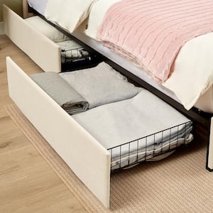 Upholstered Bed Beige Metal Frame King Platform Bed with USB Charging, Drawers and No Boxspring Needed, Easy Assembly