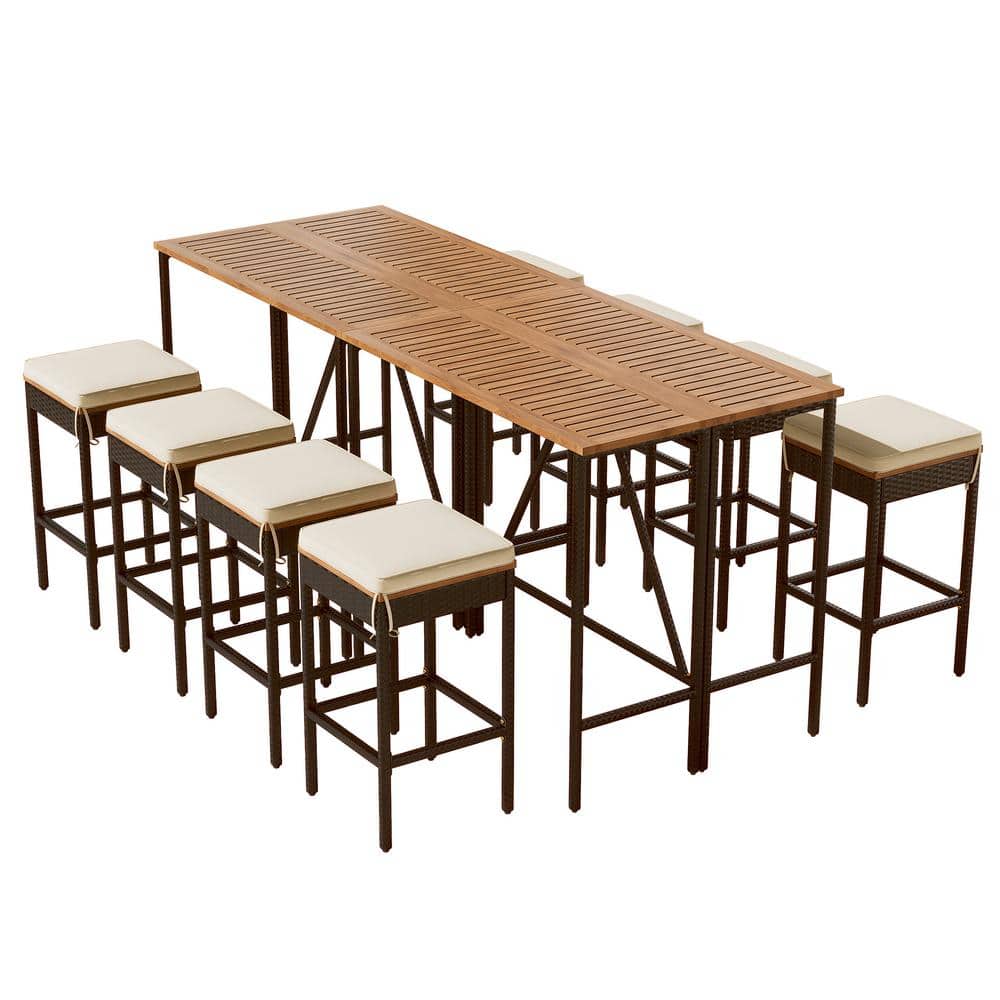 10-Piece Acacia Wood Outdoor Dining Set, Bar Height Table and Eight Stools 