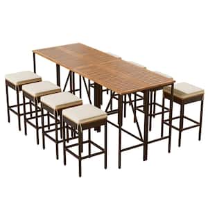 10-Piece Acacia Wood Outdoor Dining Set, Bar Height Table and Eight Stools with Geige Cushions