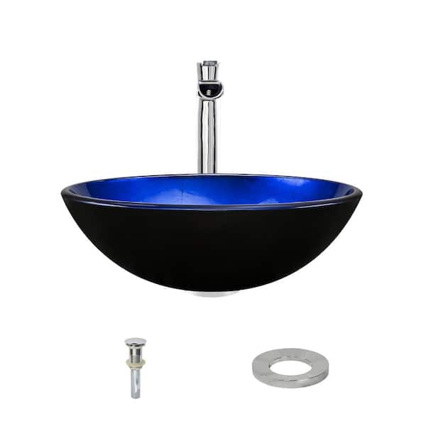 MR Direct Glass Vessel Sink in Blue Foil Undertone with 731 Faucet and Pop-Up Drain in Chrome