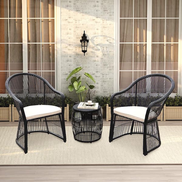 Black 3-Piece Wicker Outdoor Patio Conversation Set with Beige Cushions