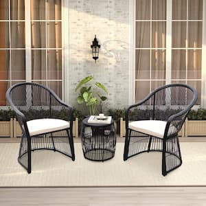 Black 3-Piece Wicker Outdoor Patio Conversation Set with Beige Cushions