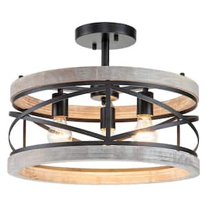 17.25 in. 3-Light Black Semi-Flush Mount with Wood Accent