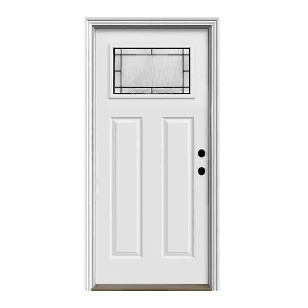 JELD-WEN 32 in. x 80 in. Left-Hand/Inswing Wendover Craftsman Decorative Glass Primed Steel Prehung Front Door with Brickmould