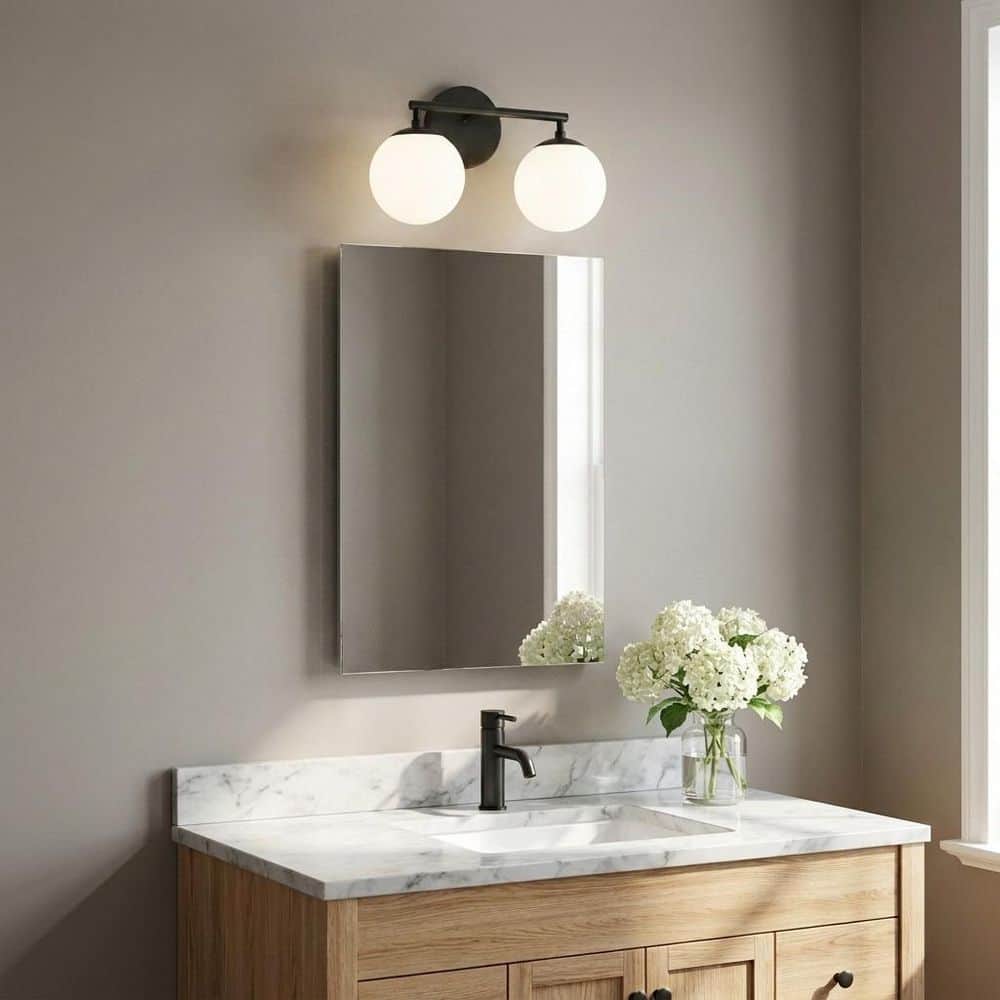 Nube 14.63 in. W 2-Light Midnight Black Modern Bathroom Vanity Light with Milk Glass Globe Shades, Bulbs Included price history on PriceWatchPro