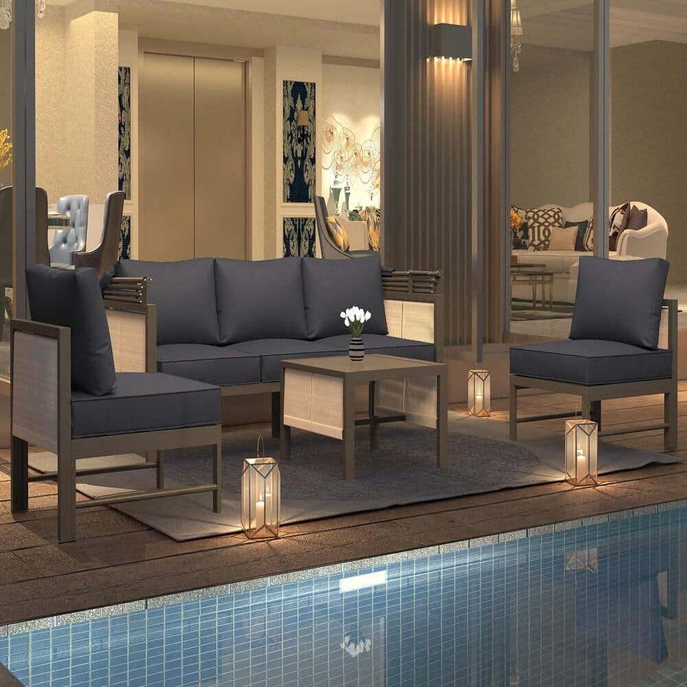 4-Piece Metal Patio Conversation Set with Dark Gray Cushions, Canopy