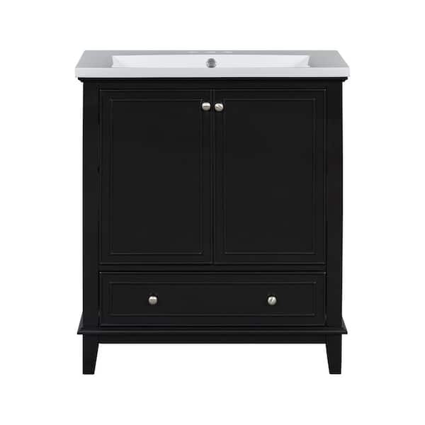Ziyudura 30 in. Single Sink Freestanding Black Bath Vanity with White Ceramic Top, Removable Drawer Divider