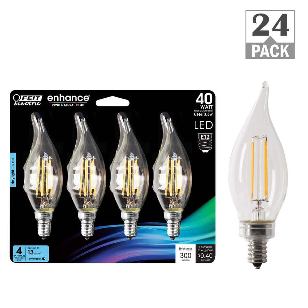 Feit Electric 40-Watt Equivalent BA10 E12 Candelabra Dimmable Filament CEC Clear Chandelier LED Light Bulb, Daylight 5000K (24-Pack)