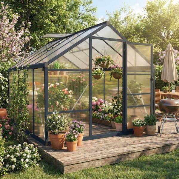Polycarbonate Greenhouse 8x10 FT Heavy Duty Aluminum Frame Walk-In Lockable Door, Adjustable Roof Vent,Dark Gray