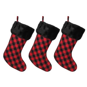 20 in. Large Traditional Red Buffalo Check with Black Faux Fur Fold-Over Cuff Christmas Stockings (3-Pack)