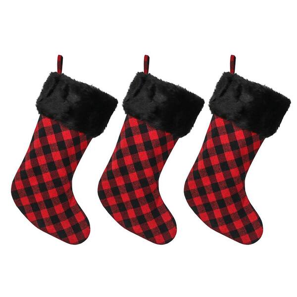 NEW TRADITIONS SIMPLIFY YOUR HOLIDAY 20 in. Large Traditional Red Buffalo Check with Black Faux Fur Fold-Over Cuff Christmas Stockings (3-Pack)