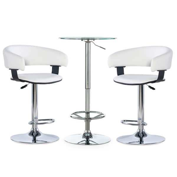 Powell Company Martinez 3-Piece Round Glass Top Adjustable Chrome Base with Adjustable White Faux Leather Barstool Bar Table Set