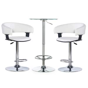 Martinez 3-Piece Round Glass Top Adjustable Chrome Base with Adjustable White Faux Leather Barstool Bar Table Set