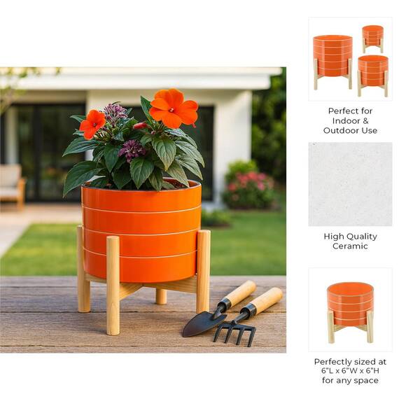 Liv & Skye 6 in. Orange Ceramic Planter with Wood Stand 15898-03