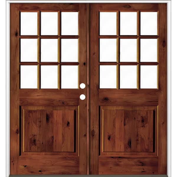 72 in. x 80 in. Craftsman Knotty Alder Wood Clear 9-Lite Red Chestnut Stain Left Active Double Prehung Front Door