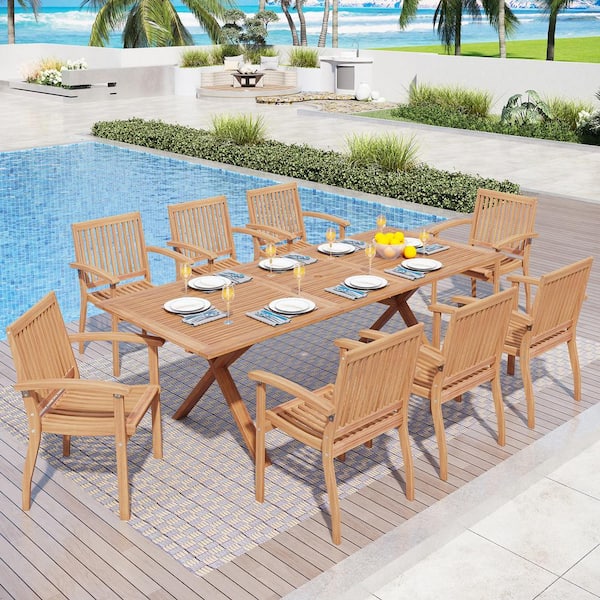 Brown 9-Piece Outdoor Dining Set with Acacia Wood Extendable Table and Acacia wooden Chairs