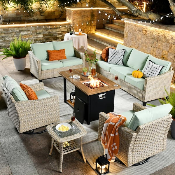 HOOOWOOO Oconee 6-Piece Wicker Outdoor Patio Fire Pit Conversation Sofa Loveseat Set with Swivel Chairs and Light Green Cushions