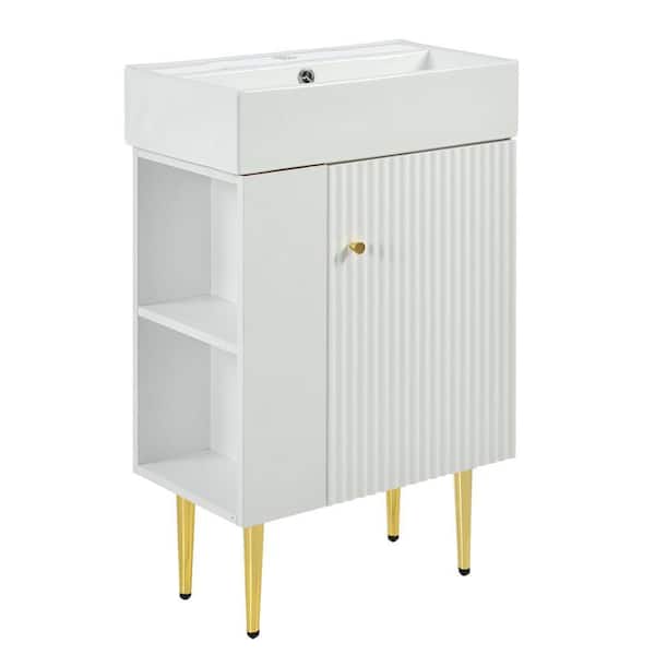 21.6 in. Wood Bathroom Vanity Top Sample, Bathroom Storage Cabinet, Single Ceramic Vessel Sink, Right Side Storge white