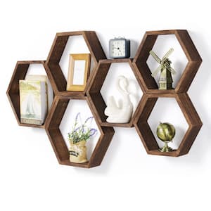 12 in. W x 15 in. D Brown Wood Floating Shelves Set of 6 Farmhouse Honeycomb Wall Storage Shelf Display